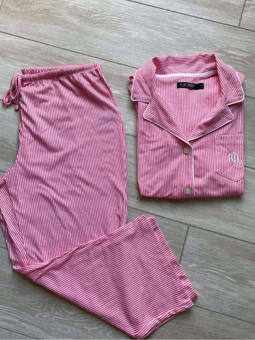 Ralph Lauren Pink & White Striped Cotton Pajama Set